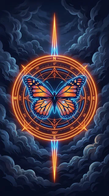 Monarch Butterfly with Glowing Neon Orange Compass and Geometric Rings - Free 4K & 8K mobile Wallpaper