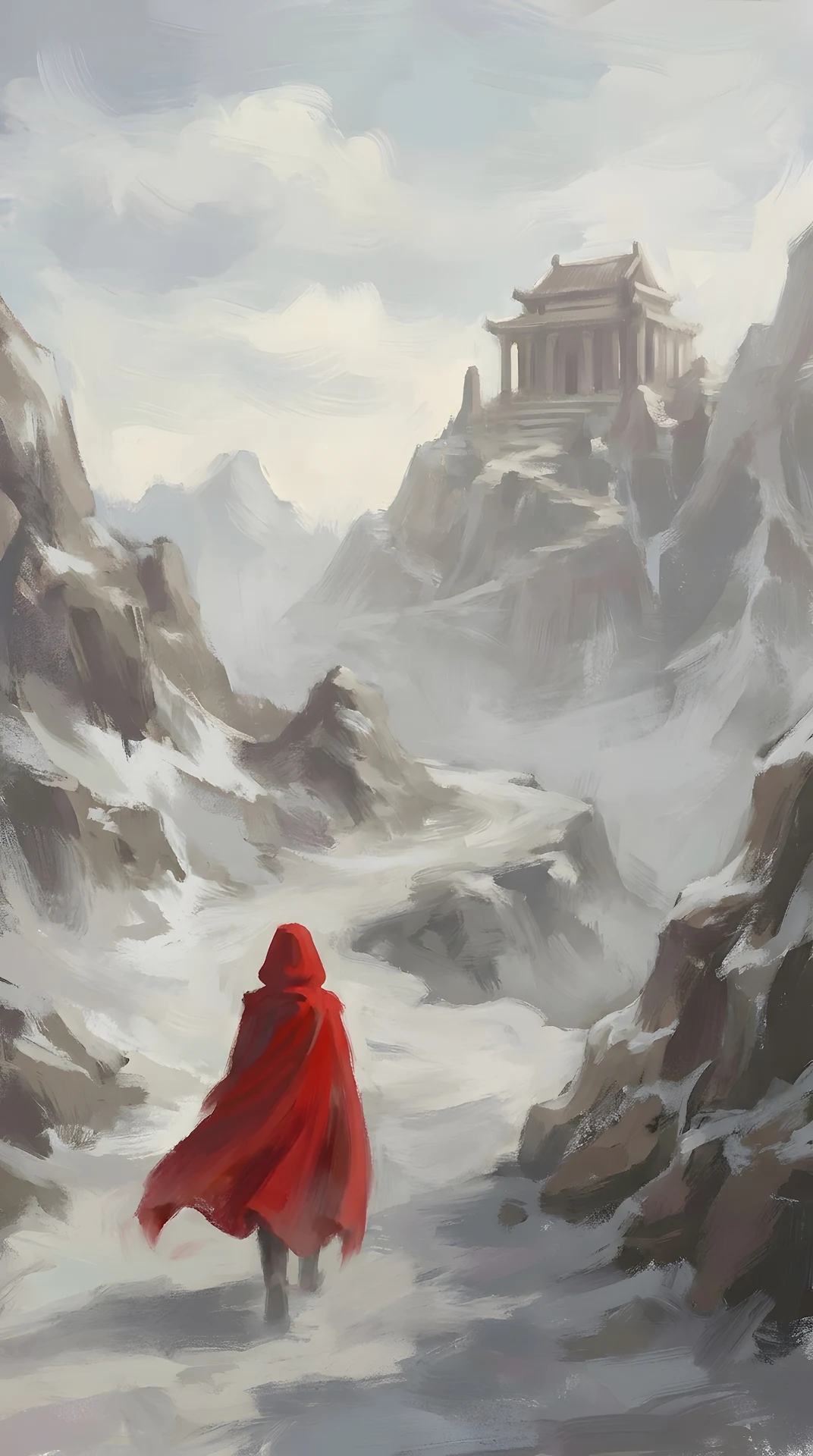 Monk in Red Cloak Walking Towards Mountain Temple in Fog - Free 4K mobile Wallpaper