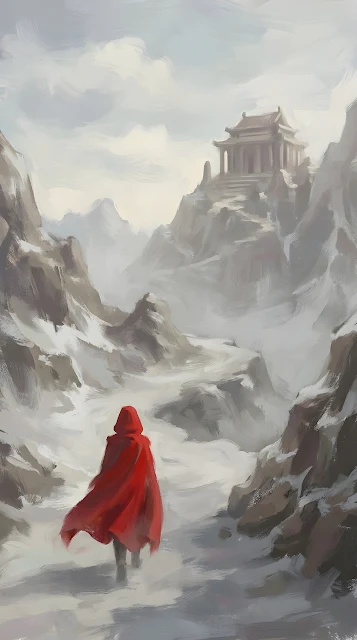 Monk in Red Cloak Walking Towards Mountain Temple in Fog - Free mobile Wallpaper