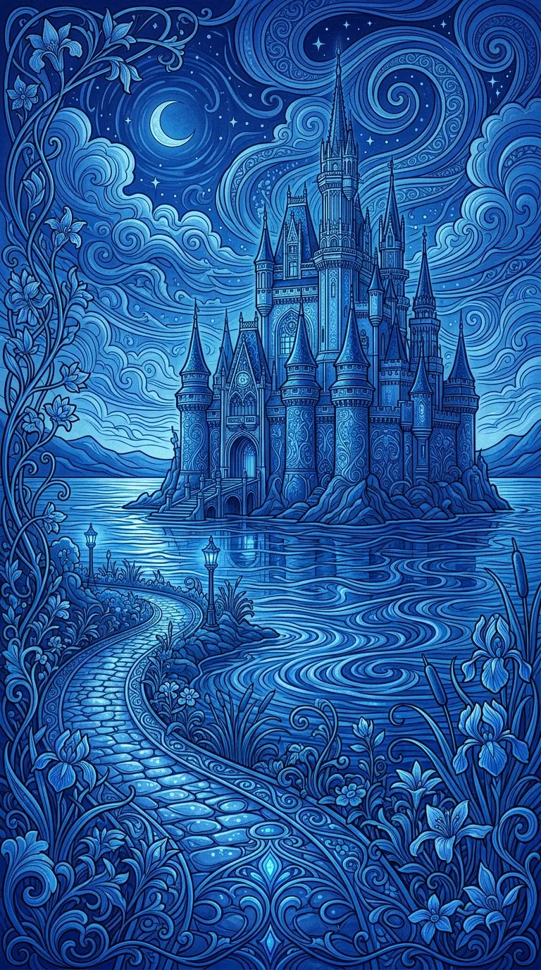 Download Monochromatic Blue Fantasy Castle with Rippling Lake Wallpaper in 4K UHD Monochromatic Blue Fantasy Castle with Rippling Lake - Free 8K and 4K mobile Wallpaper Background