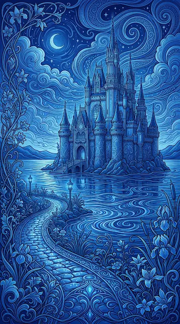 Monochromatic Blue Fantasy Castle with Rippling Lake - Free 4K & 8K mobile Wallpaper