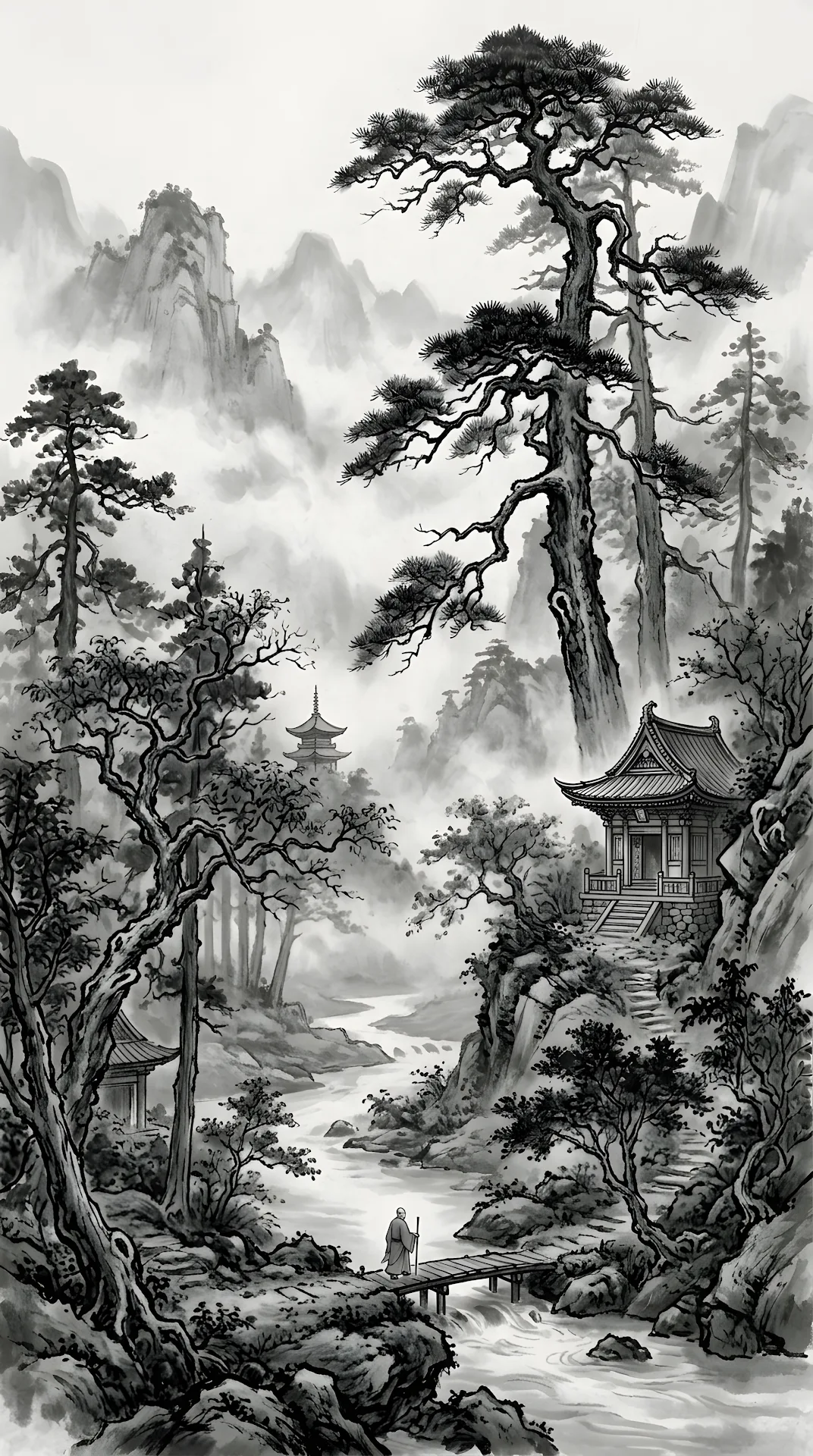 Monochromatic East Asian Ink Wash Forest Illustration - Free 4K mobile Wallpaper