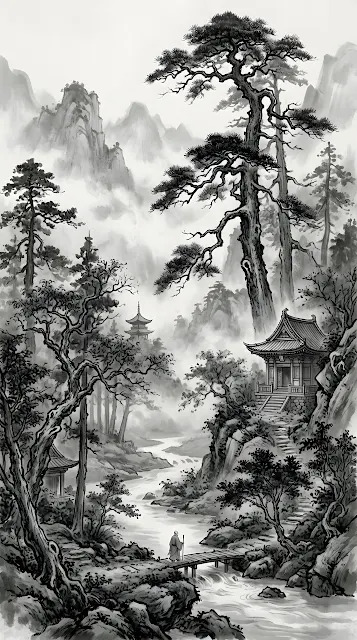 Monochromatic East Asian Ink Wash Forest Illustration - Free mobile Wallpaper