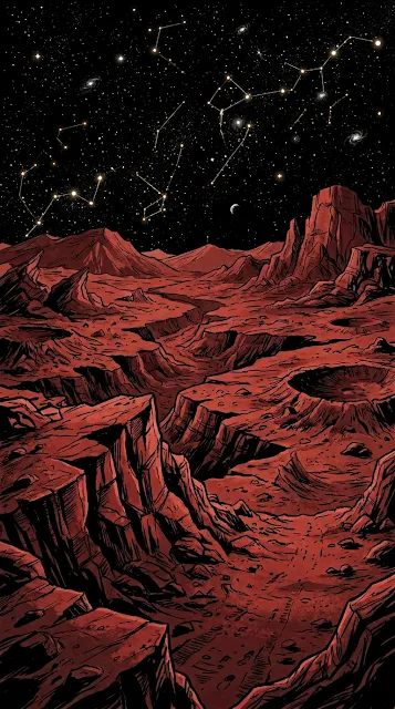 Monochromatic Martian Landscape under Starry Night Sky - Free 4K & 8K mobile Wallpaper