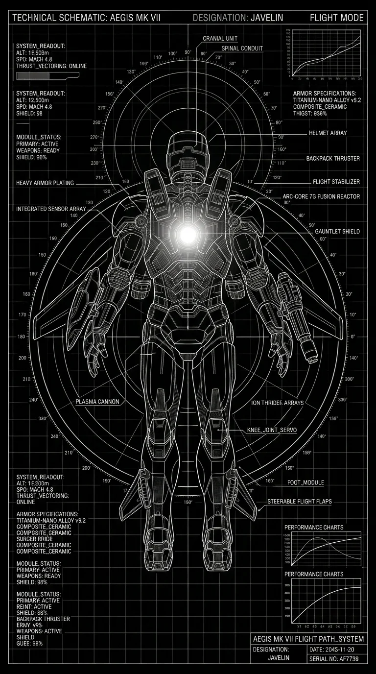 Monochromatic Technical Schematic Blueprint of Armored Hero Suit - Free 8K and 4K mobile Wallpaper Background