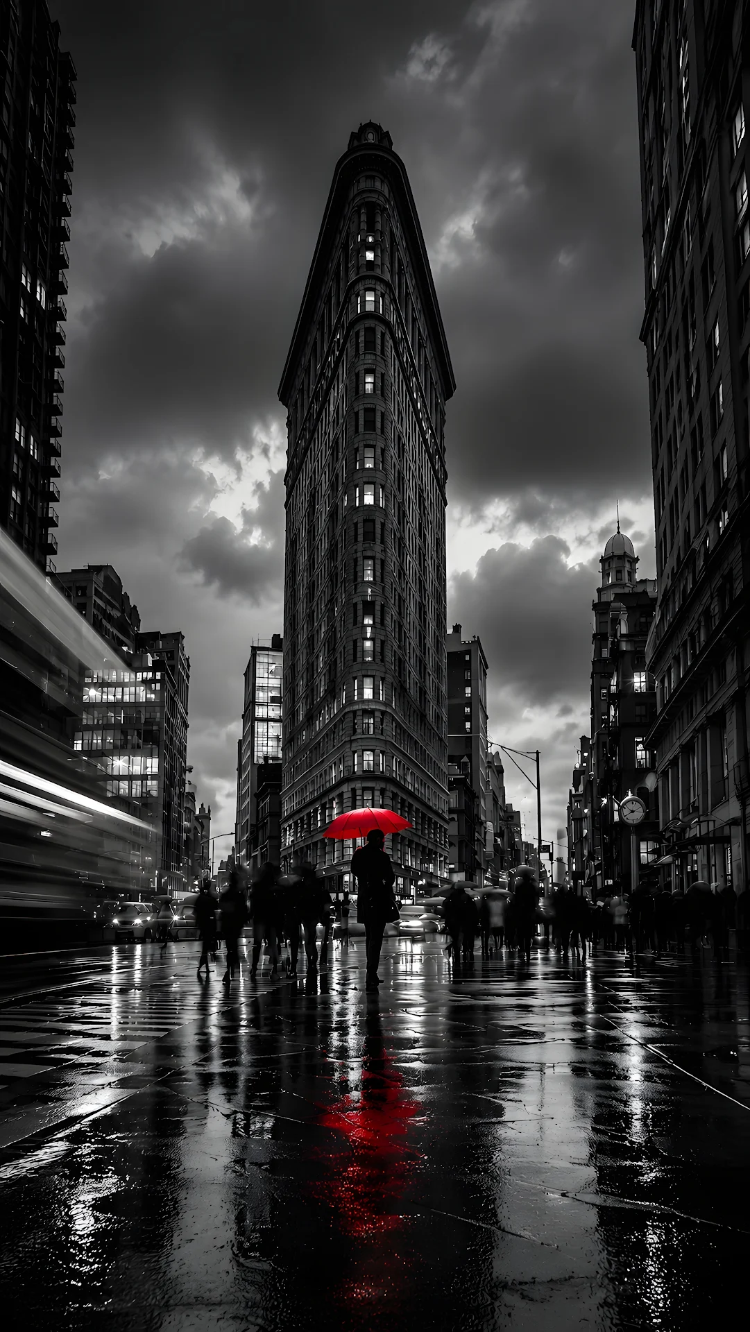 Monochrome city street with classic triangular skyscraper and a red umbrella - Free 4K mobile Wallpaper