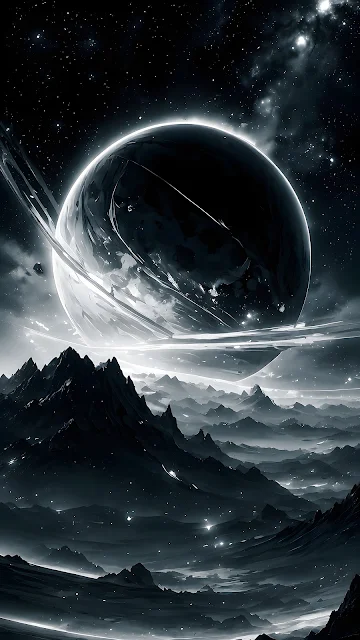Huge dark ringed planet rises over layered alien mountains beneath a dense monochrome star field.