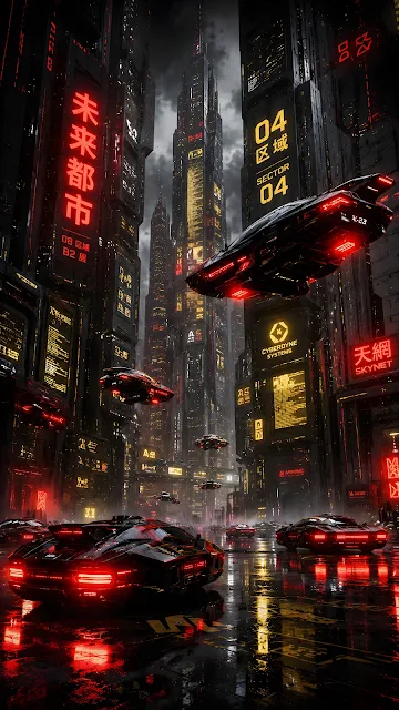 A vertical view down a narrow canyon of black monolithic skyscrapers in a futuristic city, with hovering red and yellow cars on wet streets below.