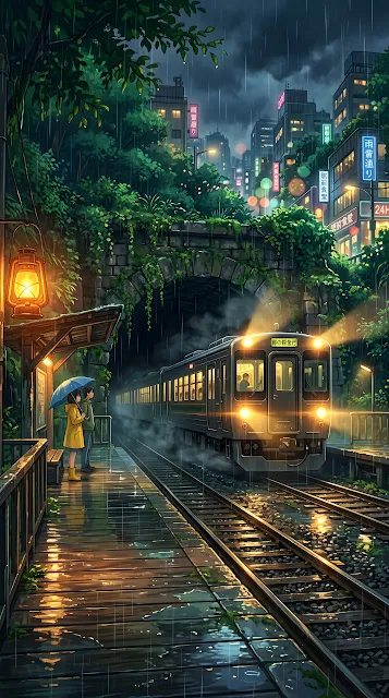 Moody Digital Art of a Train Emerging from a Tunnel in a Rainy Forest City - Free mobile Wallpaper