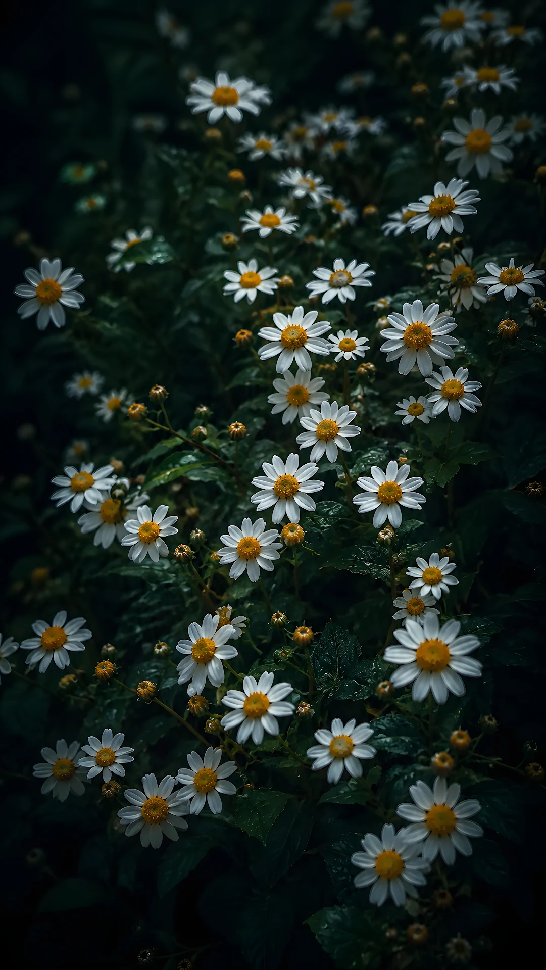Moody white daisy flowers blooming among dark green foliage - Free 4K mobile Wallpaper