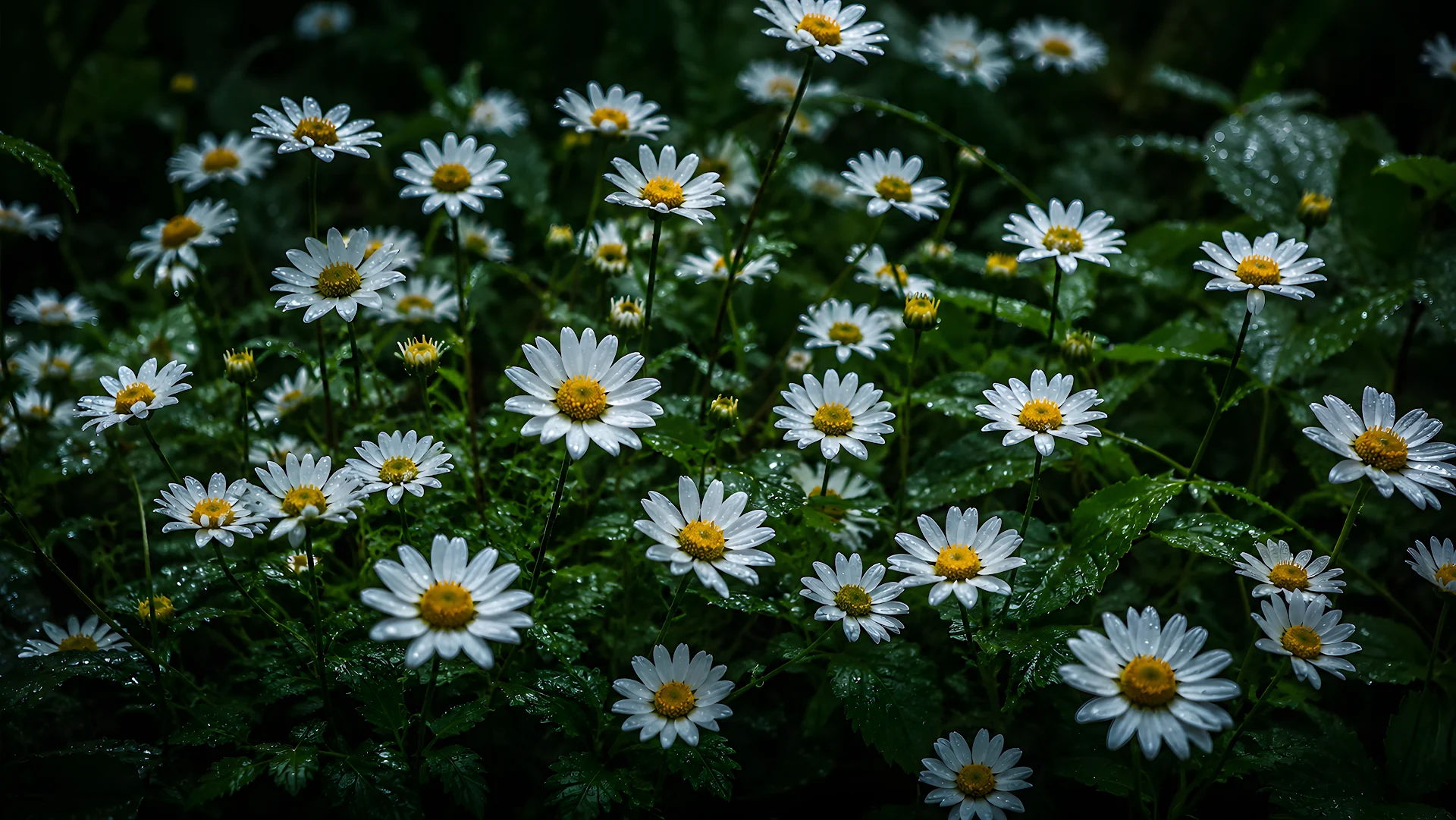 Moody white daisy flowers blooming among dark green foliage - Free 4K desktop Wallpaper