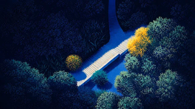A pale illuminated path runs through dense blue-green forest viewed from directly above.