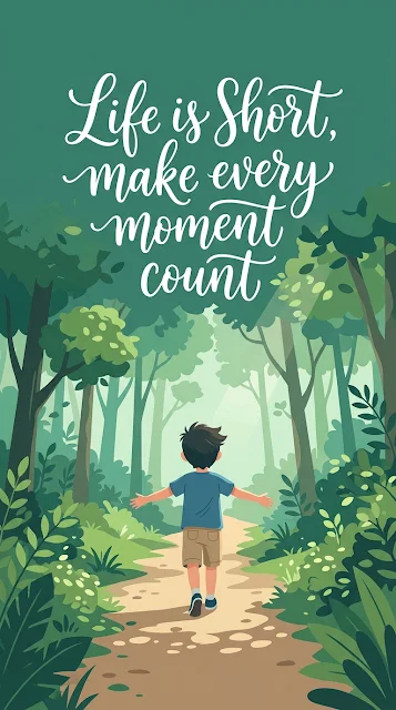 Motivational Quote Life is Short with Boy in Sunny Forest - Free 4K & 8K mobile Wallpaper