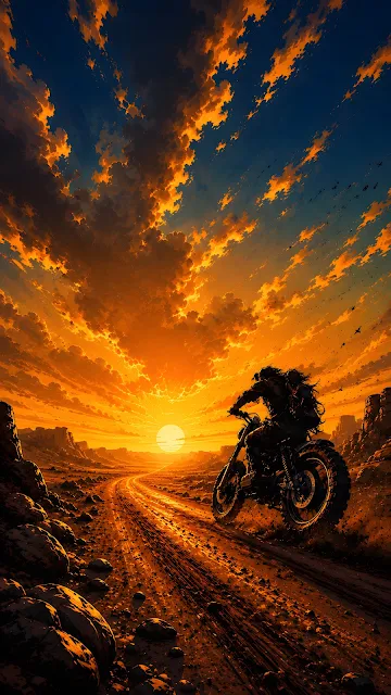 Silhouetted motorcycle rider traveling down a dirt trail in a rocky canyon under a golden sunset sky.