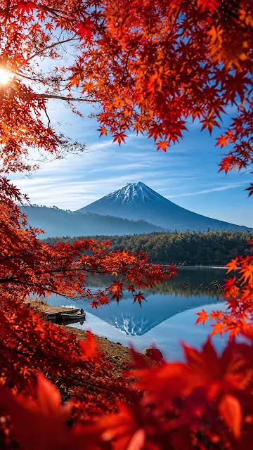 Snow-capped Mount Fuji and its water reflection viewed through a vibrant frame of bright red autumn maple leaves on a sunny day.