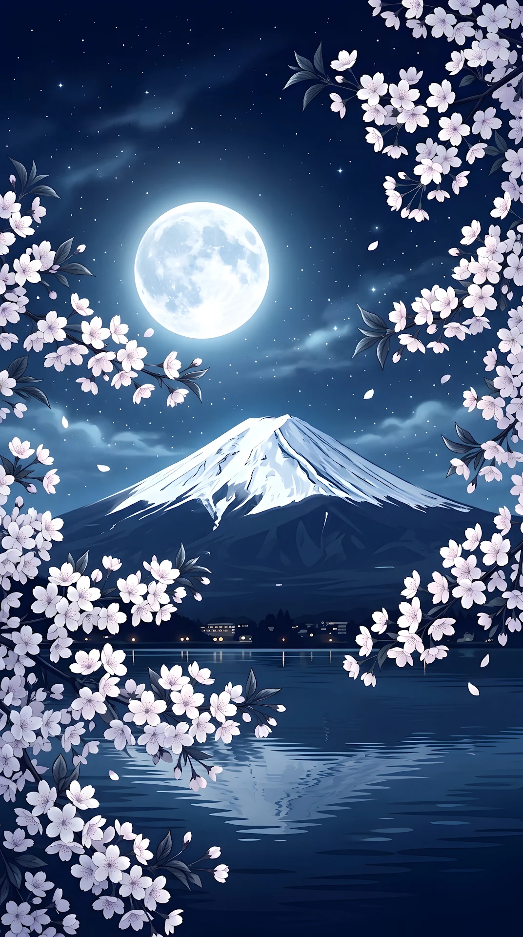 Mount Fuji and Cherry Blossoms at Night with Full Moon - Free 4K mobile Wallpaper