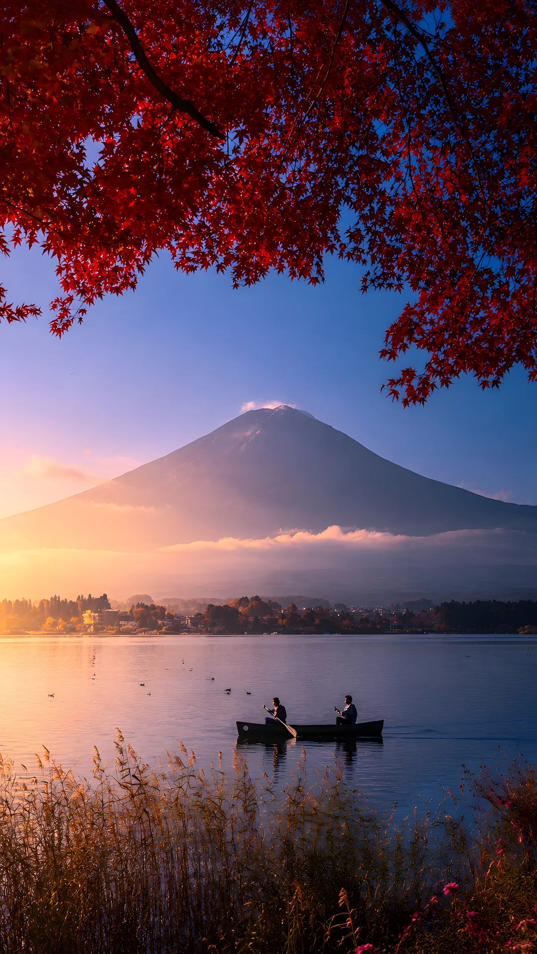 Mount Fuji framed by red autumn maple leaves with rowboat on peaceful lake - Free 4K mobile Wallpaper