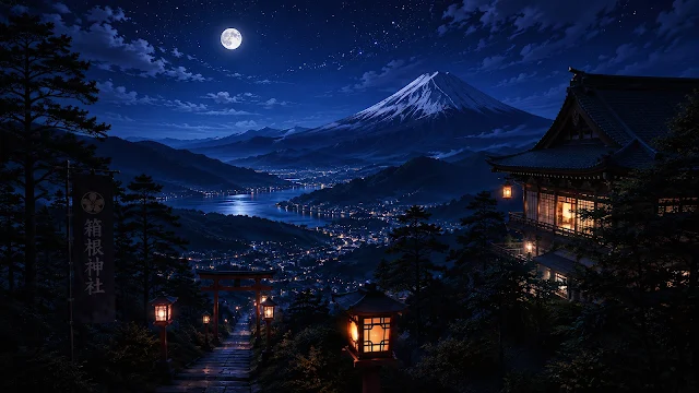 Illuminated stone lanterns and a torii gate overlooking a glowing valley, lake, and snow-capped Mount Fuji at night.
