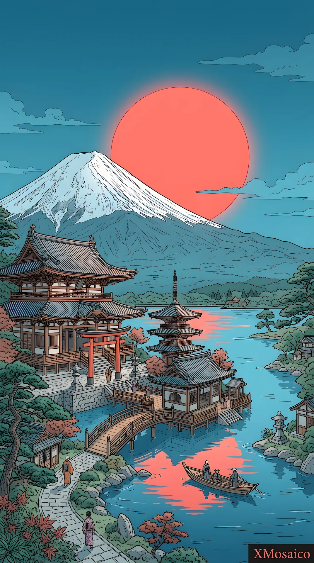 Mount Fuji Red Sun Traditional Line Art - Free 4K mobile Wallpaper