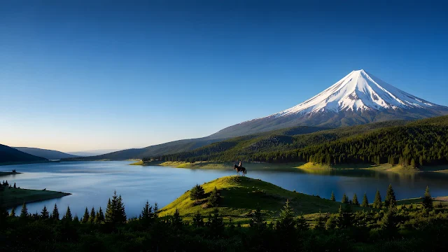 A breathtaking wide-angle shot of a snowcapped volcanic mountain rising above a green valley, calm lake, and a single horse rider.