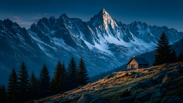 Wooden chalet on a grassy mountain slope in front of towering snow-capped jagged peaks and pine trees.