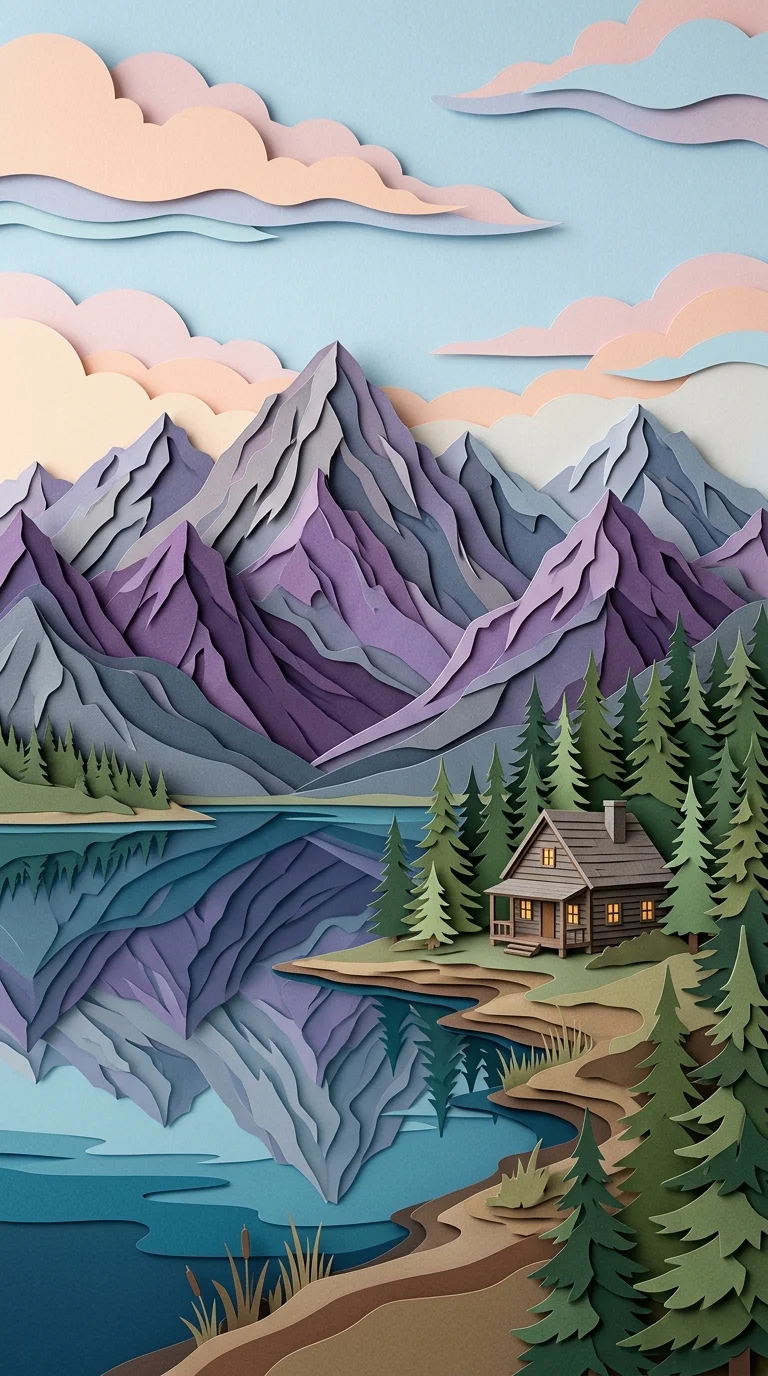 Download Mountain Landscape in Layered Paper-Cut Style with Lake and Cabin Wallpaper in 4K UHD Mountain Landscape in Layered Paper-Cut Style with Lake and Cabin - Free 8K and 4K mobile Wallpaper Background