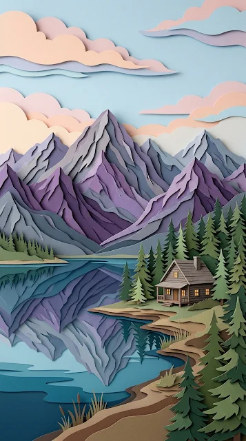 Mountain Landscape in Layered Paper-Cut Style with Lake and Cabin - Free 4K & 8K mobile Wallpaper