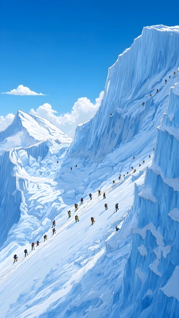 Line of mountain climbers hiking up a snowy glacial ridge under a bright blue sky.