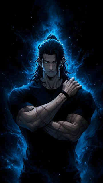 Muscular anime male character with long hair in a topknot and crossed arms surrounded by a glowing blue aura.