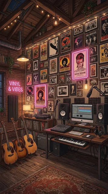Music Studio Filled with Acoustic Guitars and Vintage Posters - Free 4K & 8K mobile Wallpaper