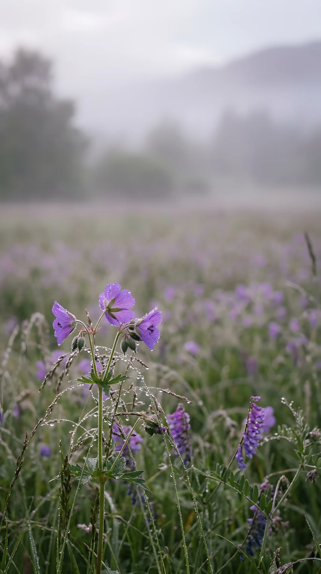 Muted Field of Purple Wildflowers and Salvia in Heavy Fog - Free 4K mobile Wallpaper