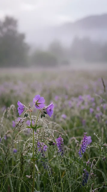Muted Field of Purple Wildflowers and Salvia in Heavy Fog - Free mobile Wallpaper