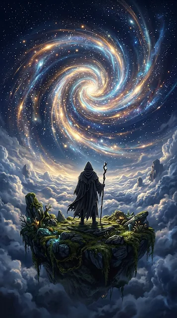 Mysterious Figure on Floating Island Under Cosmic Spiral Sky - Free 4K & 8K mobile Wallpaper