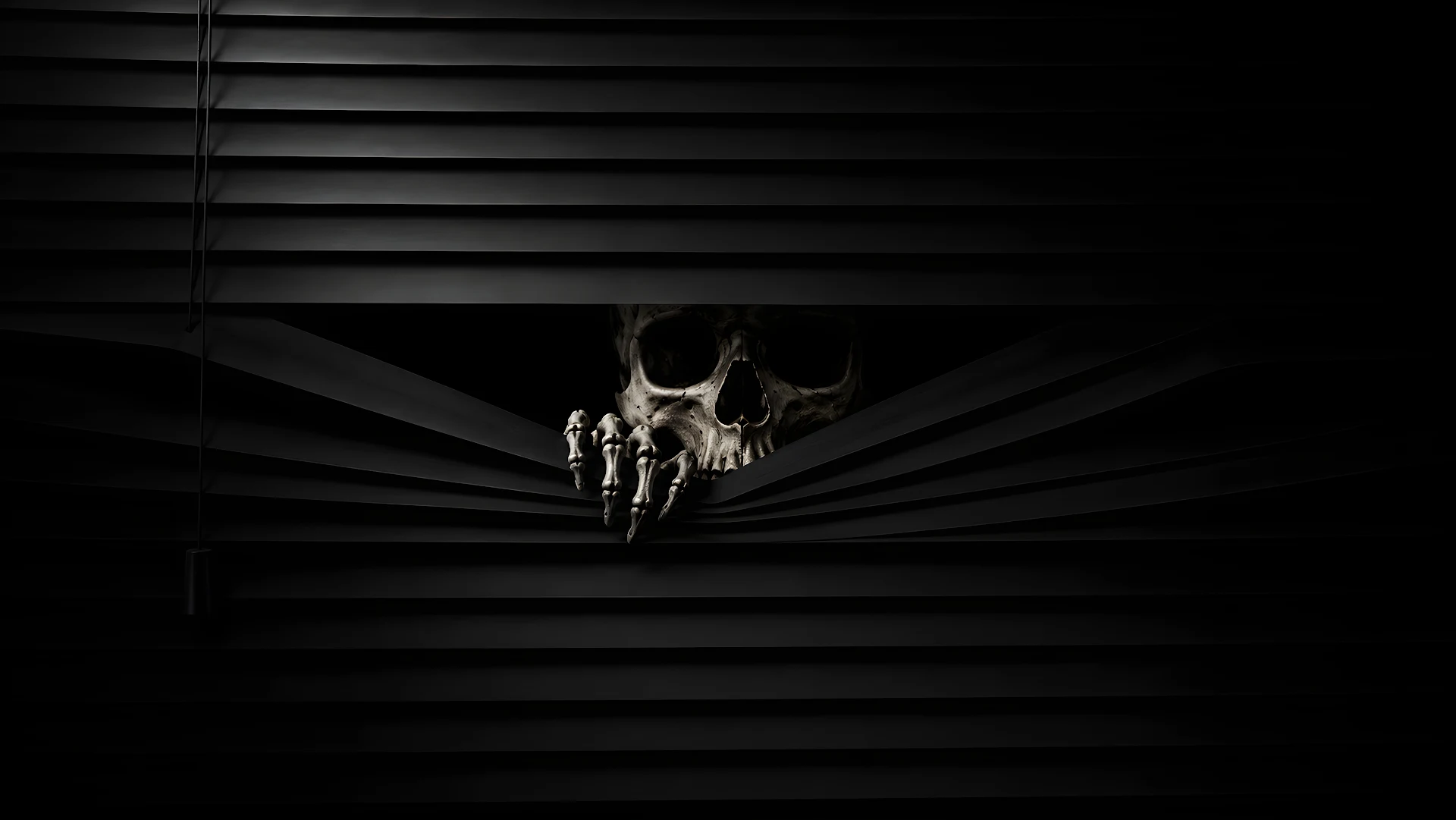 Mysterious skeleton skull peeking through dark horizontal window blinds - Free 4K desktop Wallpaper