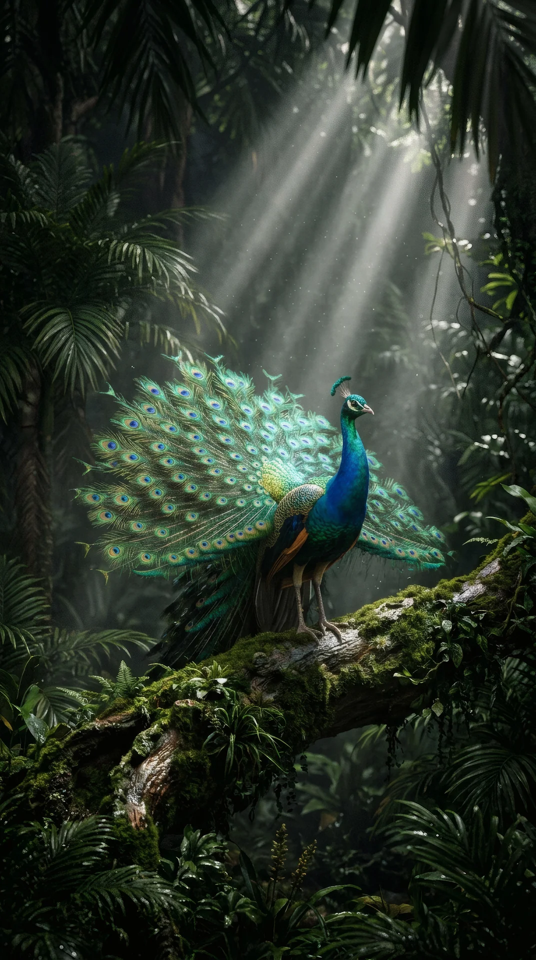 Mystic Peacock Rainforest Sunlight Beams 4K Phone Wallpaper - Free 4K mobile Wallpaper