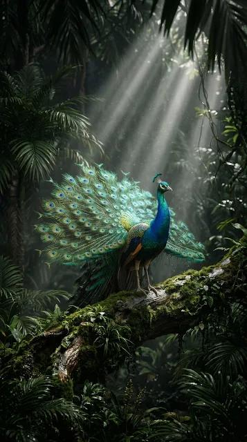 A regal peacock standing on a forest path illuminated by dramatic volumetric god rays piercing through dense jungle canopy.