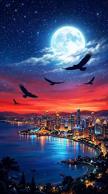 Mystical Cityscape with Glowing Moon Sunset and Eagle Silhouettes - Free 4K & 8K mobile Wallpaper