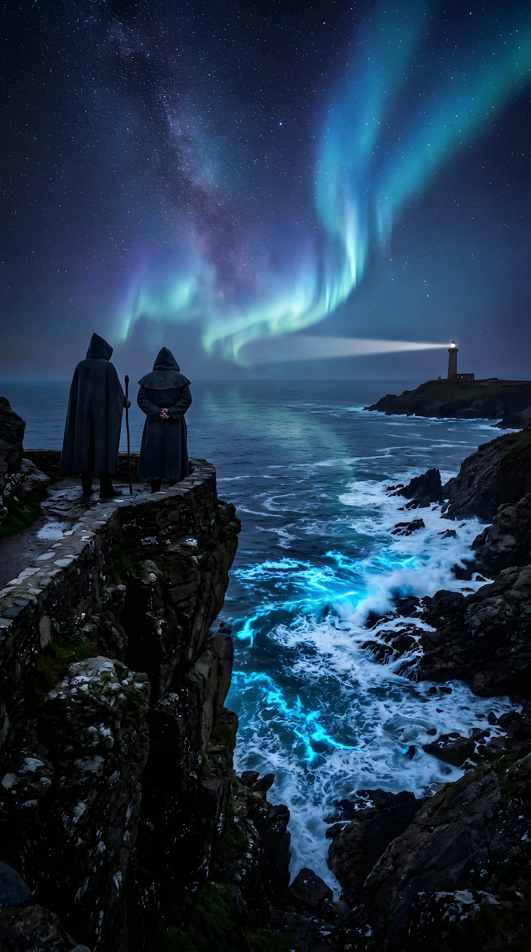 Mystical Coastal Night with Aurora, Stars, and Bioluminescent Algae - Free 4K mobile Wallpaper