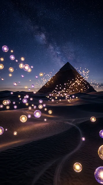 Mystical Desert Landscape at Dusk with Floating Glowing Orbs - Free 4K & 8K mobile Wallpaper