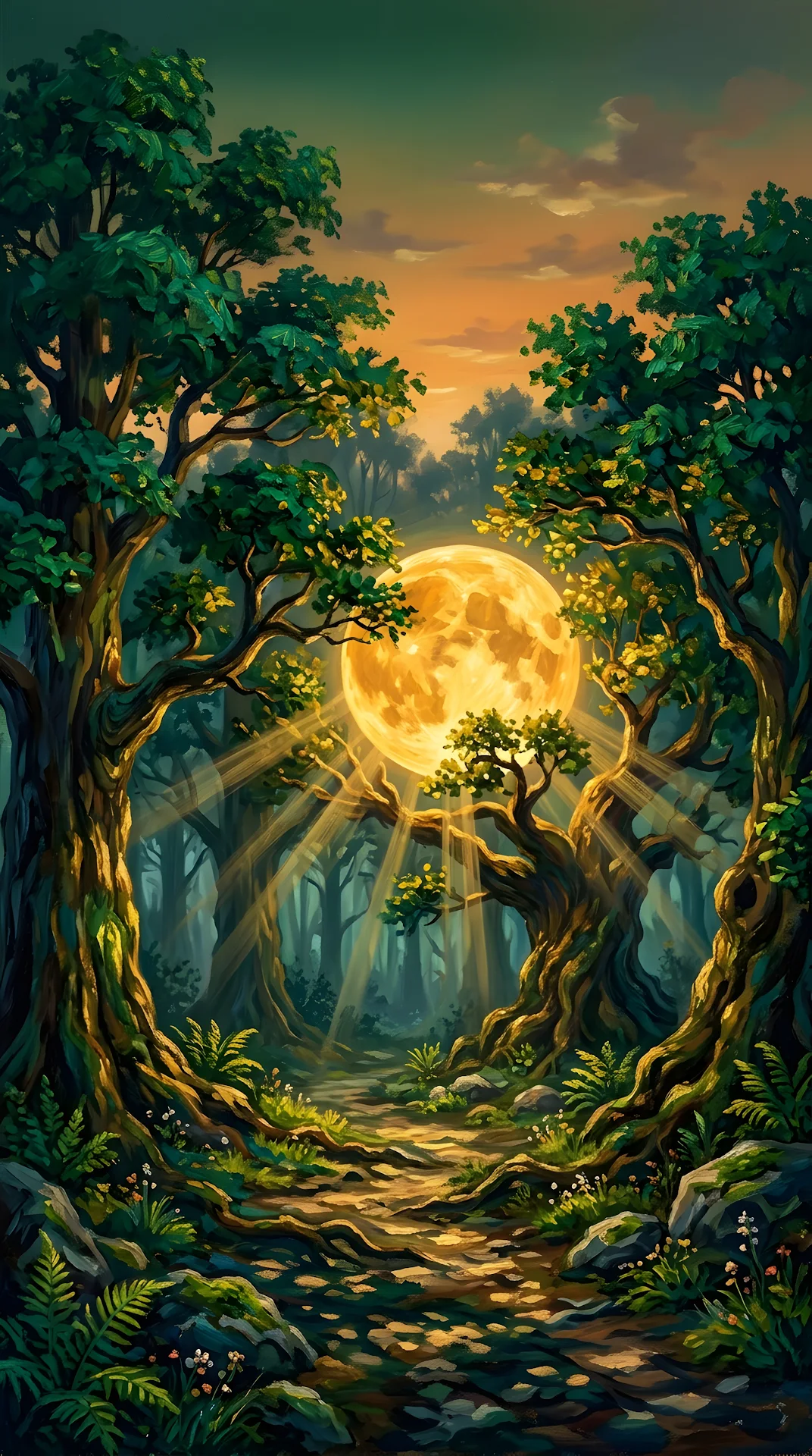 Mystical Forest with Colossal Glowing Golden Orb at Dusk - Free 4K mobile Wallpaper