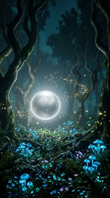 Mystical Forest with Hovering Glowing Silver Sphere and Bioluminescence - Free 4K & 8K mobile Wallpaper