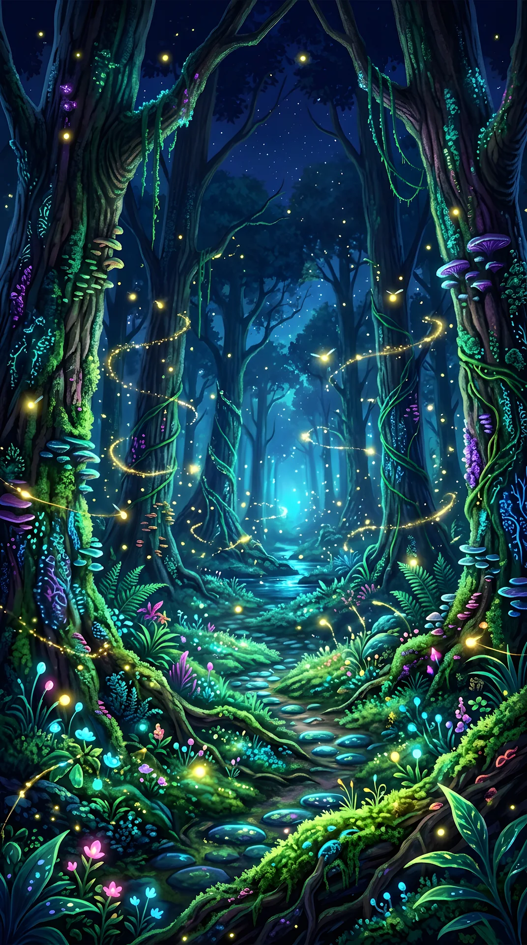 Mystical Forest Scene with Bioluminescent Plants and Fireflies - Free 4K mobile Wallpaper