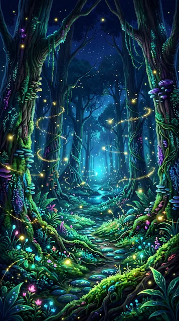 Mystical Forest Scene with Bioluminescent Plants and Fireflies - Free mobile Wallpaper