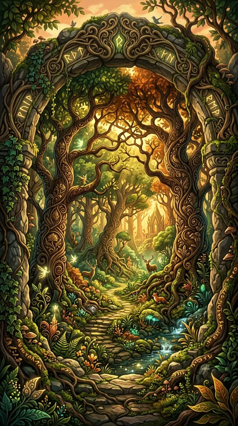 Mystical Forest Scene Through a Natural Tree Archway - Free 8K and 4K mobile Wallpaper Background