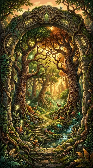 Mystical Forest Scene Through a Natural Tree Archway - Free 4K & 8K mobile Wallpaper