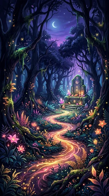 Mystical Forest at Twilight with Glowing Flora and Stone Altar - Free 4K & 8K mobile Wallpaper