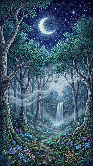 Mystical Forest Under Crescent Moon in Pointillism Style - Free 4K & 8K mobile Wallpaper