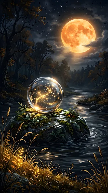 Mystical Illustration of a Crystal Ball on a Mossy Rock Under a Harvest Moon - Free mobile Wallpaper