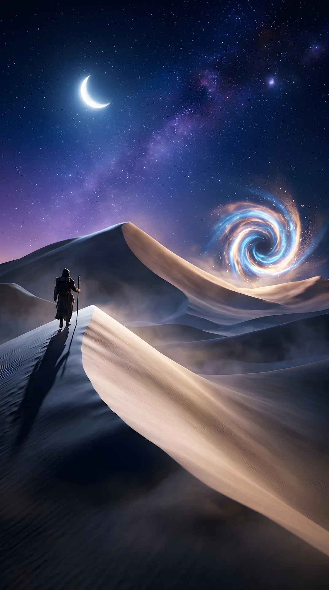 Mystical Moonlit Desert with Sand Vortex Portal - Free 4K mobile Wallpaper