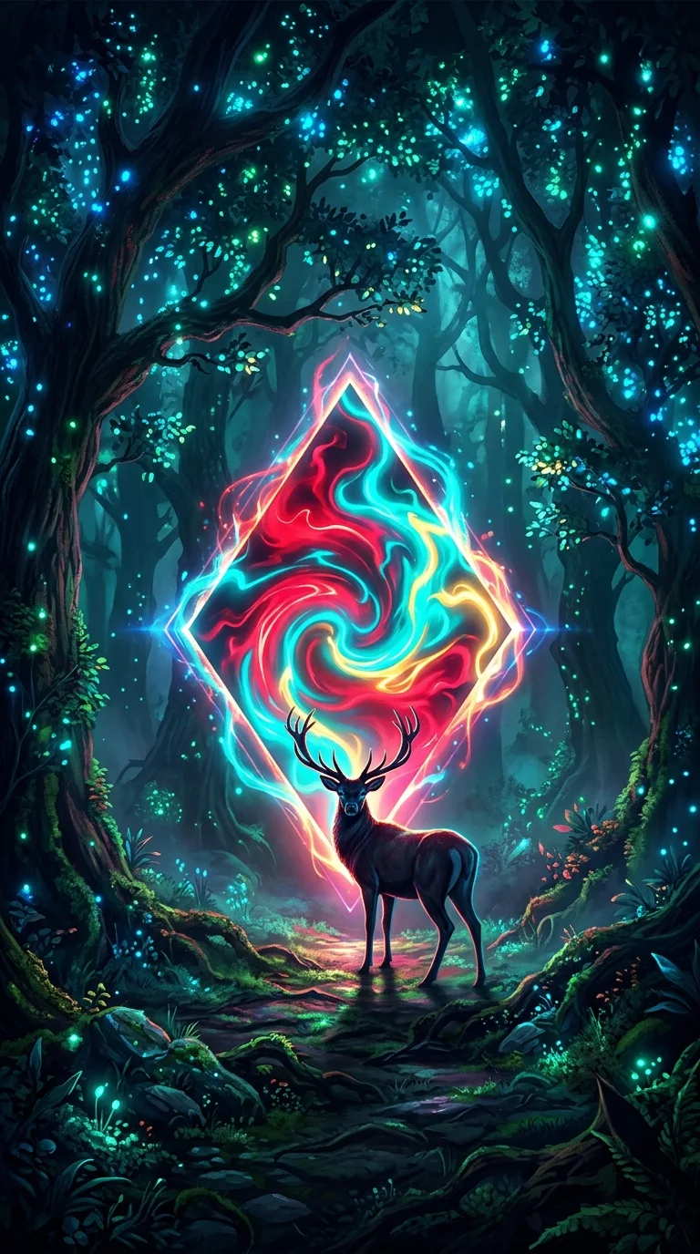 Download Mystical Neon Forest with Glowing Portal and Wild Deer Wallpaper in 4K UHD Mystical Neon Forest with Glowing Portal and Wild Deer - Free 8K and 4K mobile Wallpaper Background